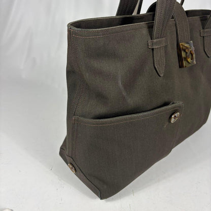 Salvatore Ferragamo Hand Bag Tote Purse Gancini Canvas Dark Olive Authentic