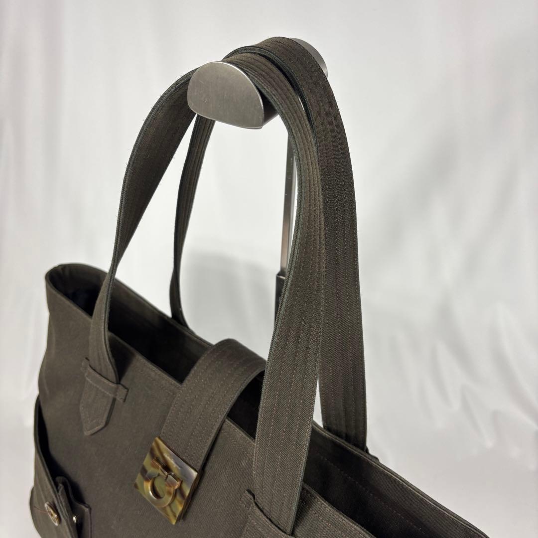 Salvatore Ferragamo Hand Bag Tote Purse Gancini Canvas Dark Olive Authentic