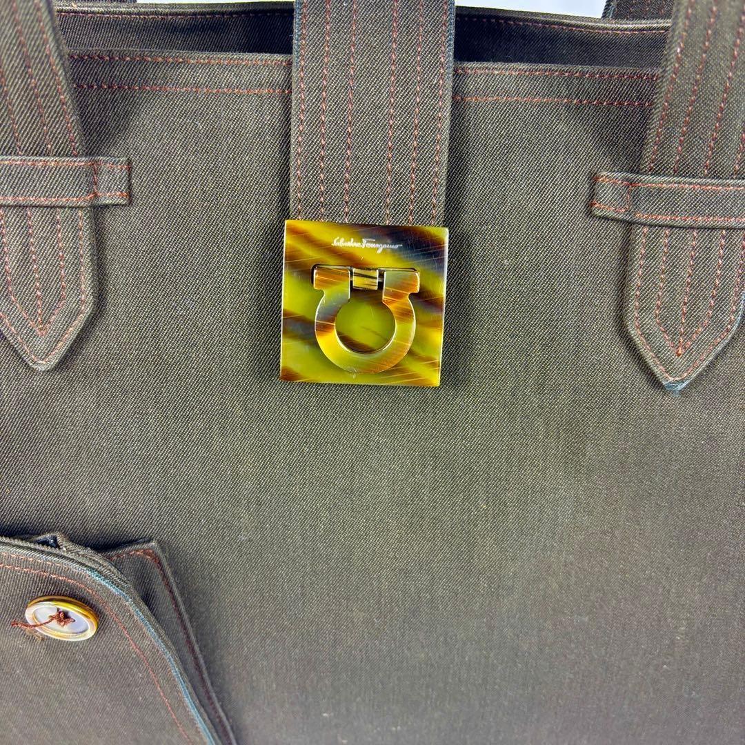 Salvatore Ferragamo Hand Bag Tote Purse Gancini Canvas Dark Olive Authentic