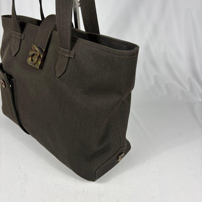 Salvatore Ferragamo Hand Bag Tote Purse Gancini Canvas Dark Olive Authentic