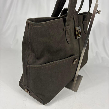 Salvatore Ferragamo Hand Bag Tote Purse Gancini Canvas Dark Olive Authentic