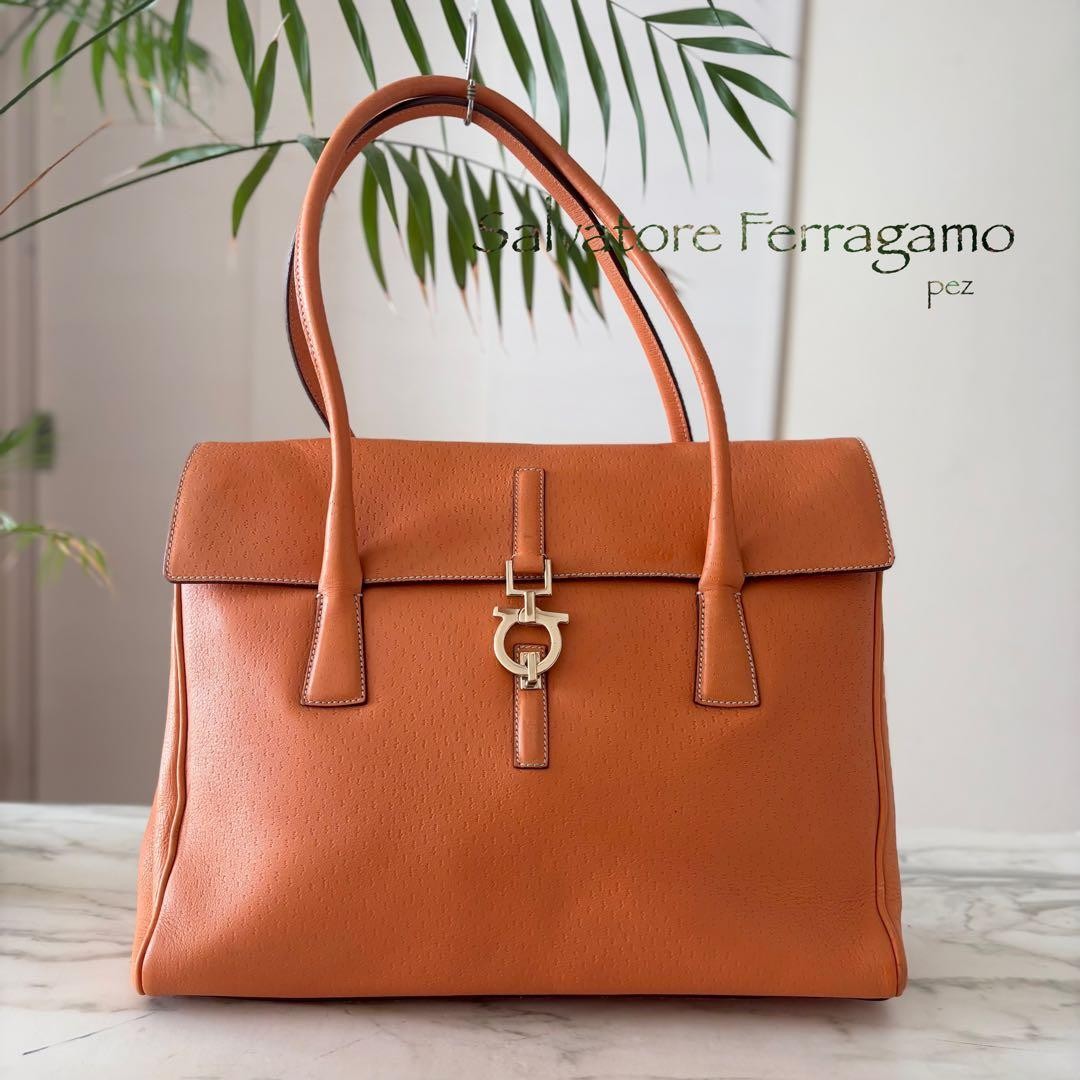 Salvatore Ferragamo Hand Bag Tote Purse Gancini Leather Brown Orange Authentic