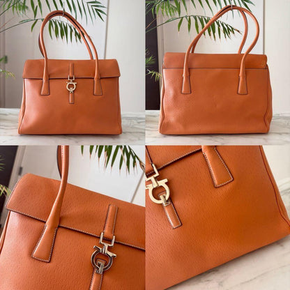 Salvatore Ferragamo Hand Bag Tote Purse Gancini Leather Brown Orange Authentic