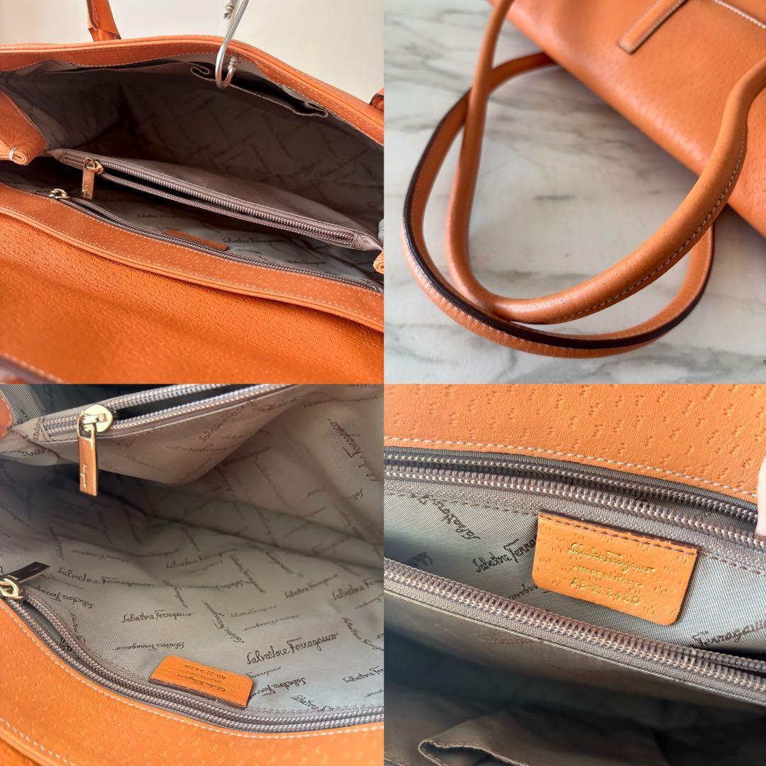 Salvatore Ferragamo Hand Bag Tote Purse Gancini Leather Brown Orange Authentic