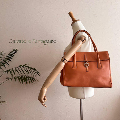 Salvatore Ferragamo Hand Bag Tote Purse Gancini Leather Brown Orange Authentic