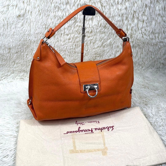 Salvatore Ferragamo Shoulder Bag Purse Gancini Leather Orange Authentic