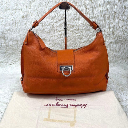 Salvatore Ferragamo Shoulder Bag Purse Gancini Leather Orange Authentic