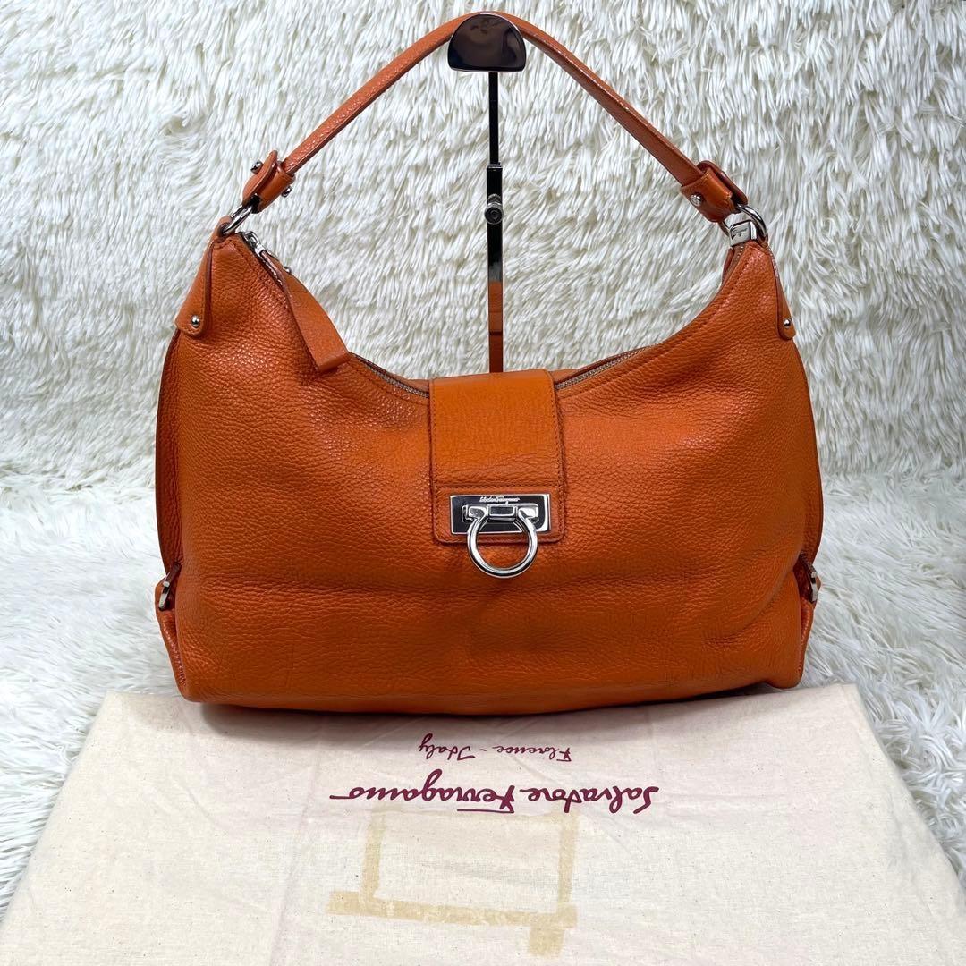 Salvatore Ferragamo Shoulder Bag Purse Gancini Leather Orange Authentic