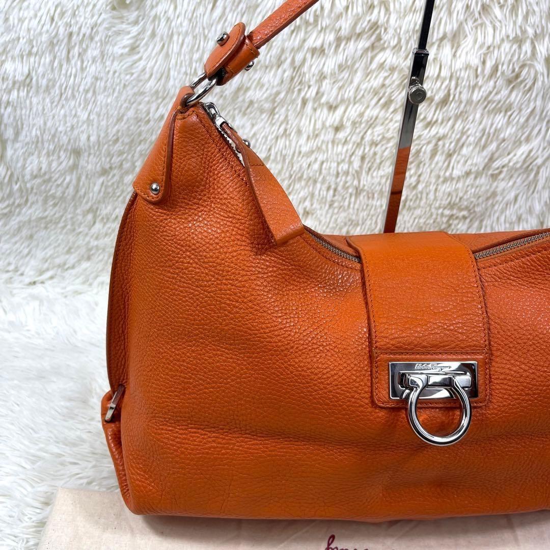 Salvatore Ferragamo Shoulder Bag Purse Gancini Leather Orange Authentic