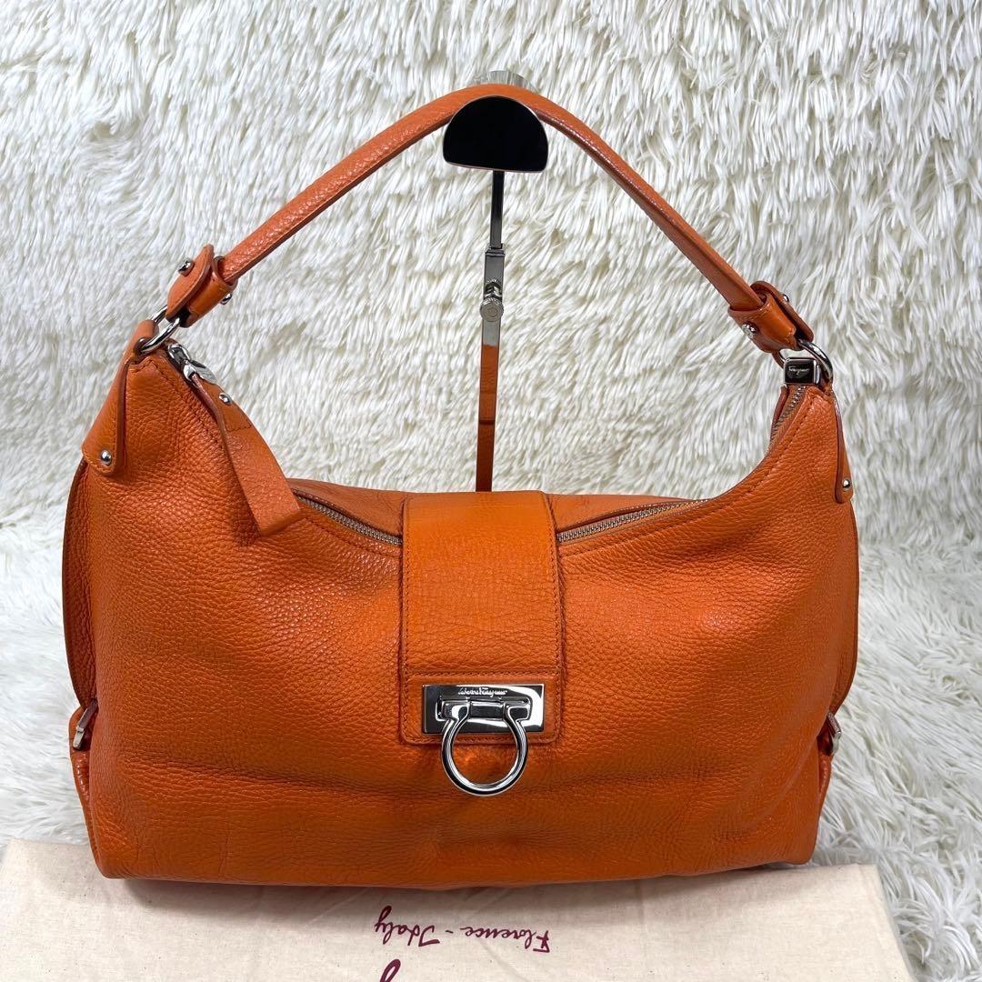 Salvatore Ferragamo Shoulder Bag Purse Gancini Leather Orange Authentic
