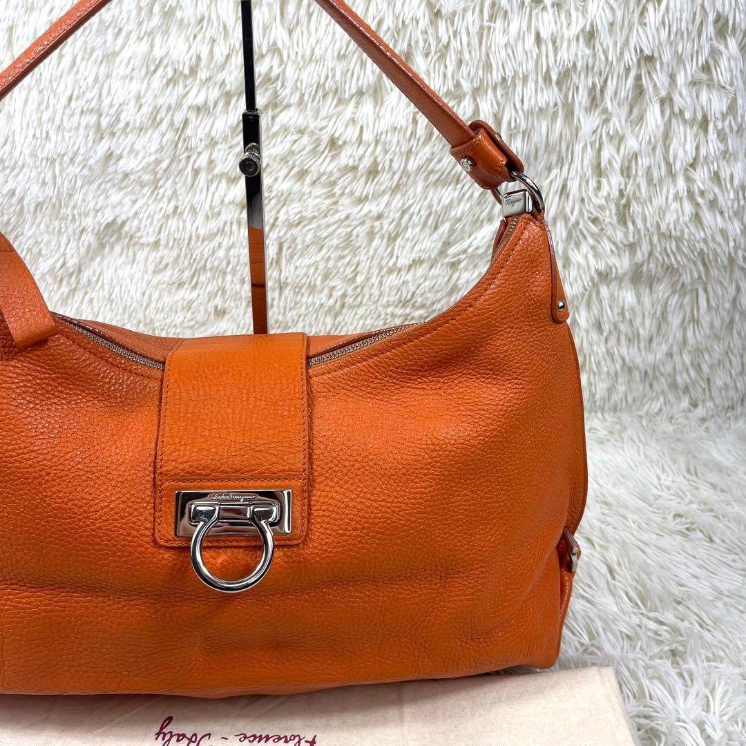 Salvatore Ferragamo Shoulder Bag Purse Gancini Leather Orange Authentic