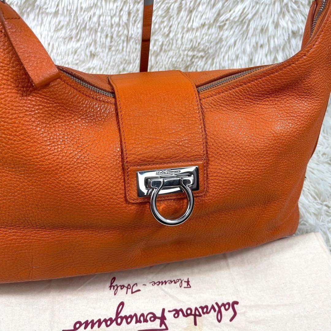 Salvatore Ferragamo Shoulder Bag Purse Gancini Leather Orange Authentic