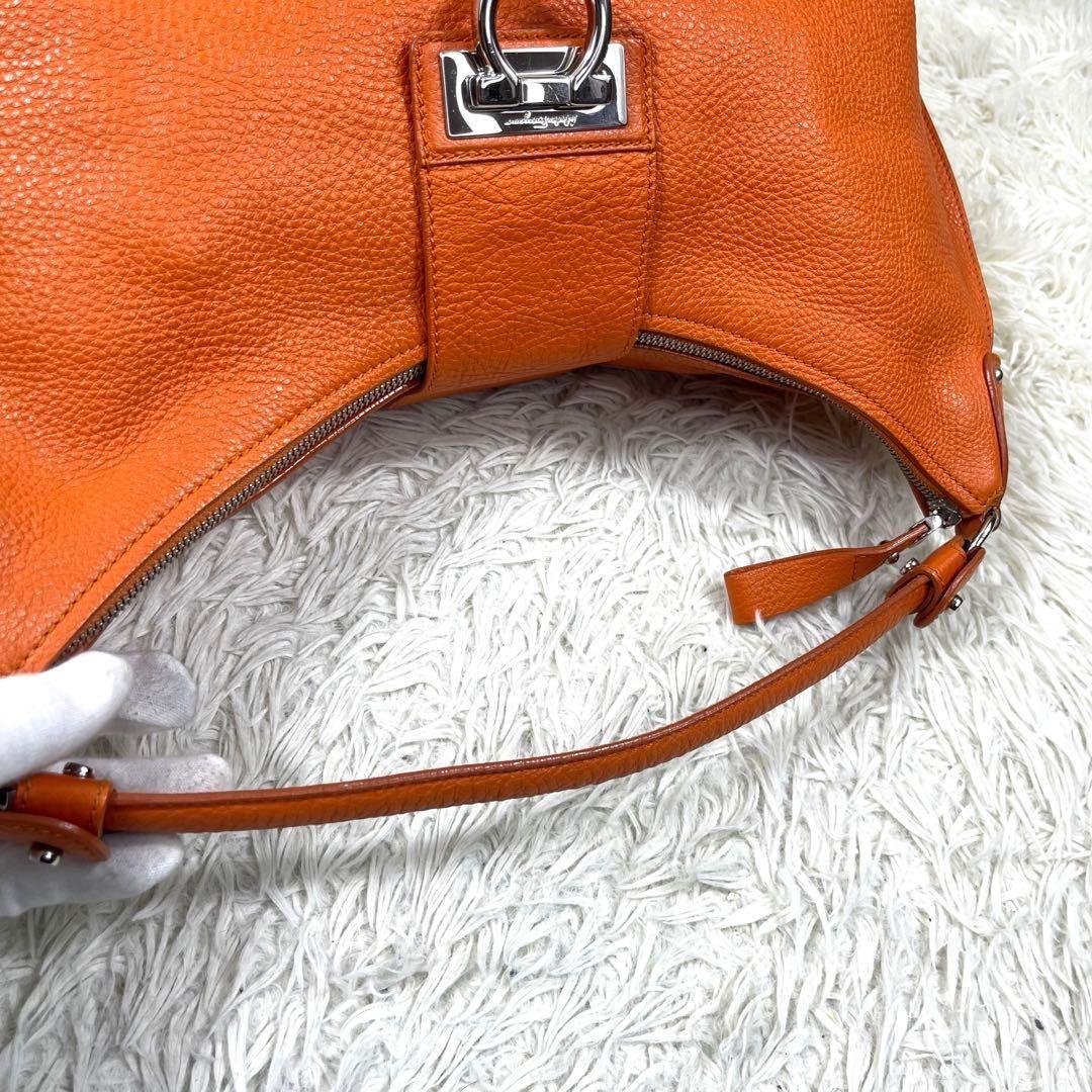 Salvatore Ferragamo Shoulder Bag Purse Gancini Leather Orange Authentic