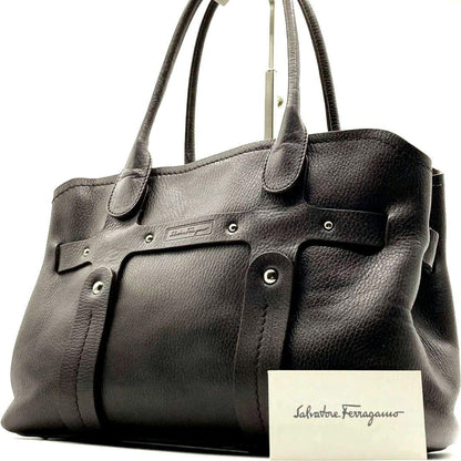 Salvatore Ferragamo Hand Bag Tote Purse Logo Leather Dark Brown Authentic