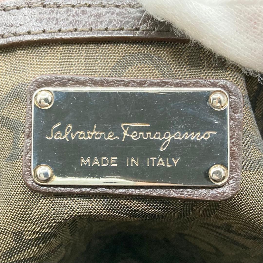 Salvatore Ferragamo Hand Bag Tote Purse Logo Leather Dark Brown Authentic