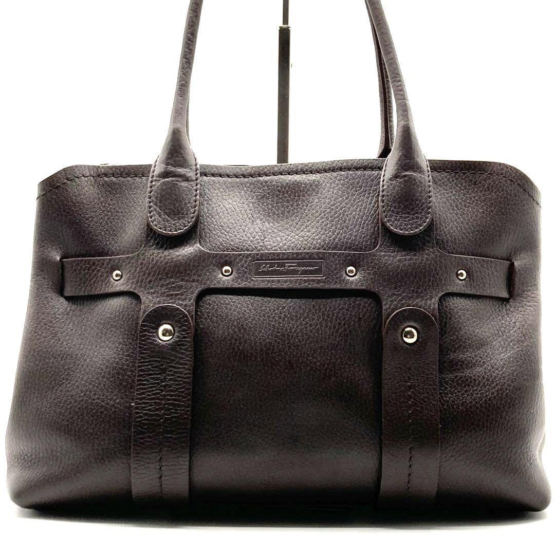Salvatore Ferragamo Hand Bag Tote Purse Logo Leather Dark Brown Authentic