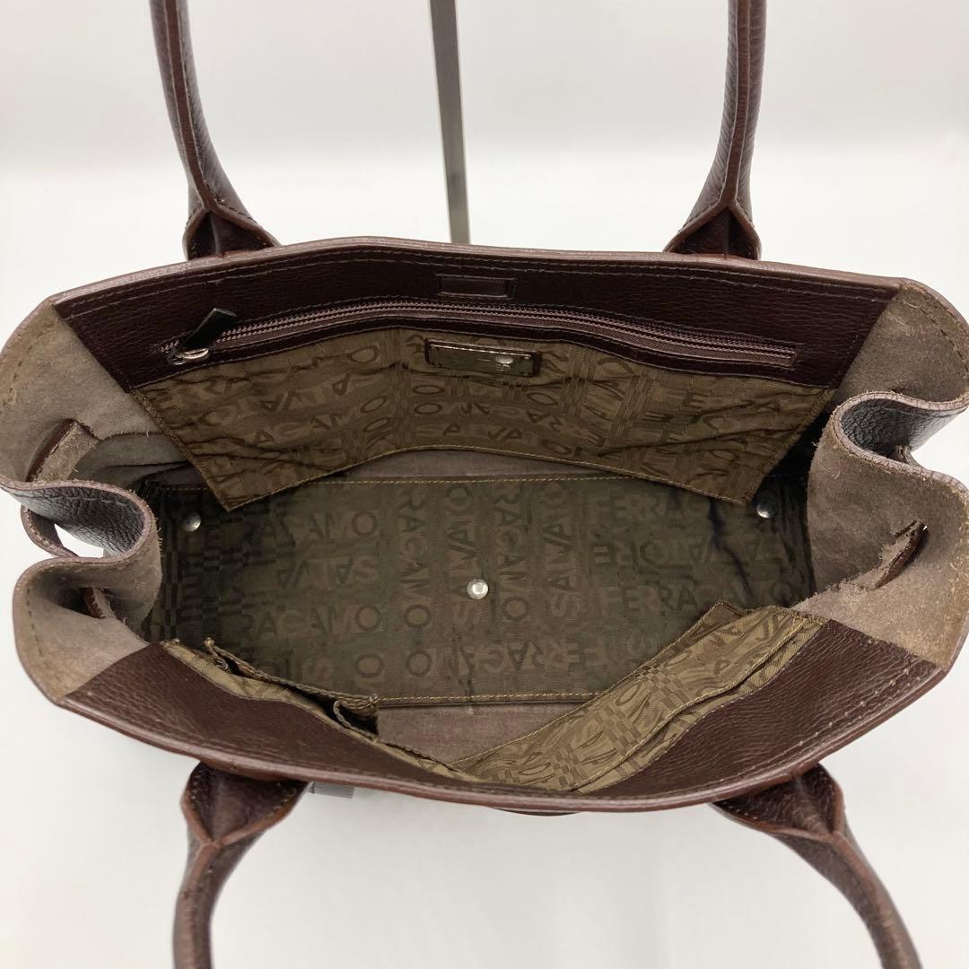 Salvatore Ferragamo Hand Bag Tote Purse Logo Leather Dark Brown Authentic