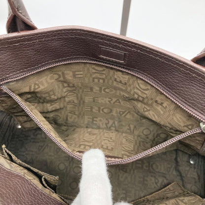 Salvatore Ferragamo Hand Bag Tote Purse Logo Leather Dark Brown Authentic