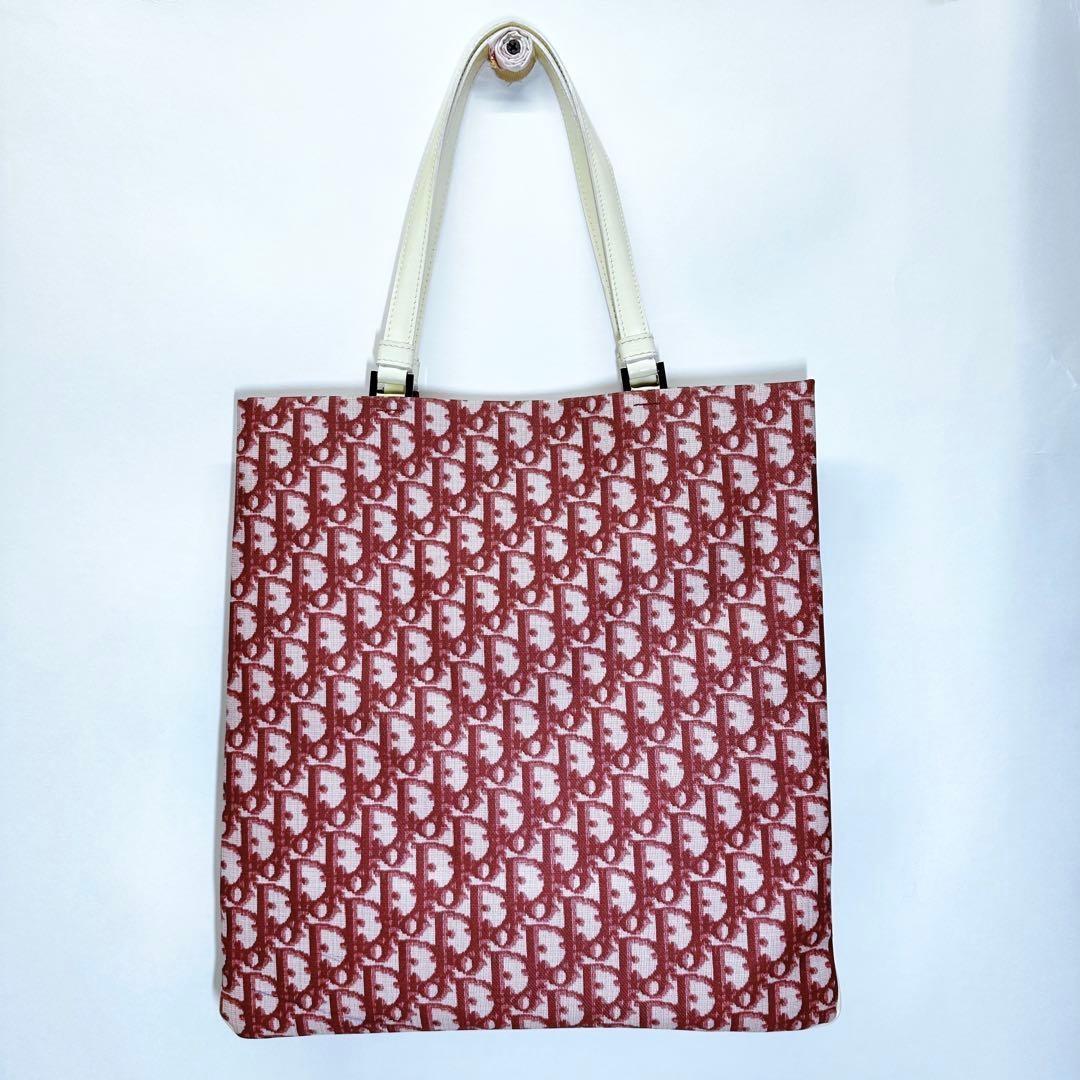 Christian Dior Hand Bag Tote Purse Trotter No.2 Canvas Red White Authentic