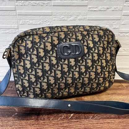 Christian Dior Shoulder Bag Purse Trotter CD Canvas Leather Navy Brown Authentic