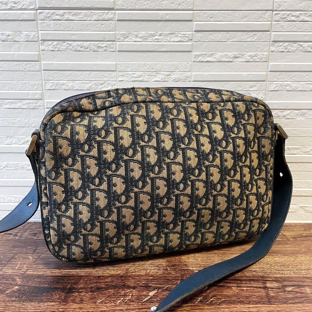 Christian Dior Shoulder Bag Purse Trotter CD Canvas Leather Navy Brown Authentic