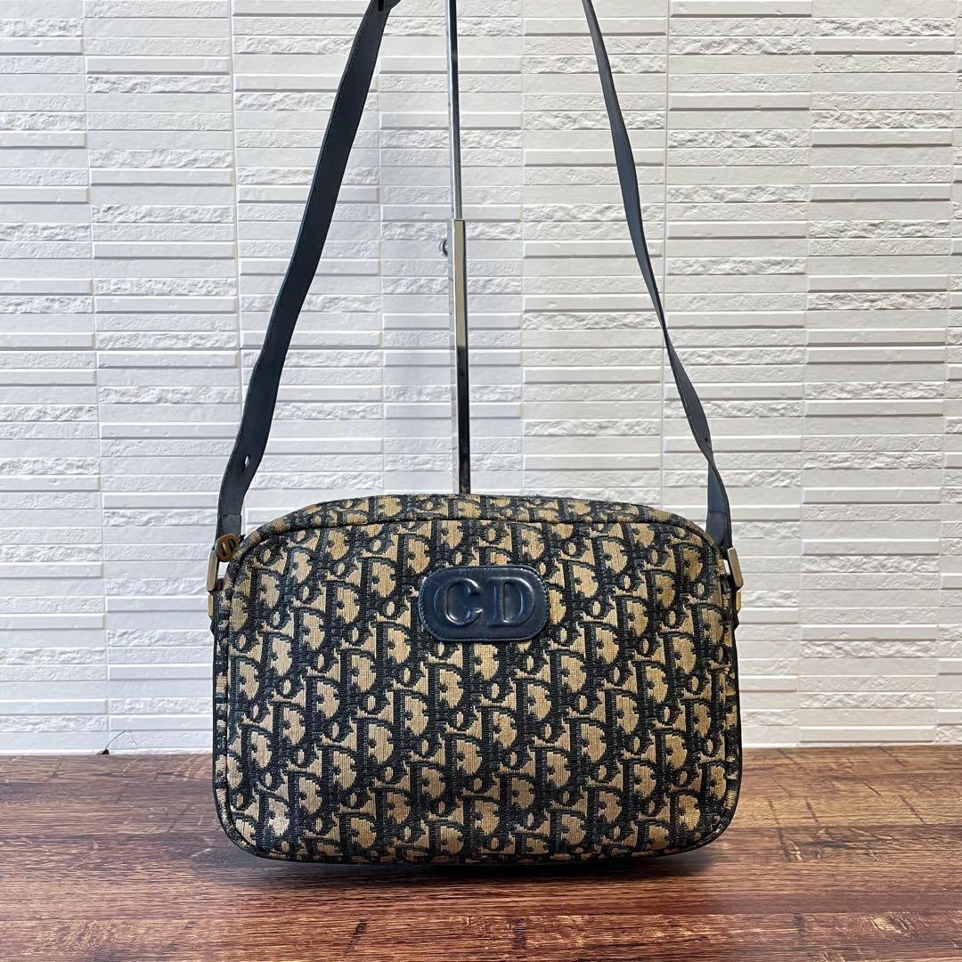 Christian Dior Shoulder Bag Purse Trotter CD Canvas Leather Navy Brown Authentic