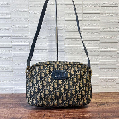 Christian Dior Shoulder Bag Purse Trotter CD Canvas Leather Navy Brown Authentic