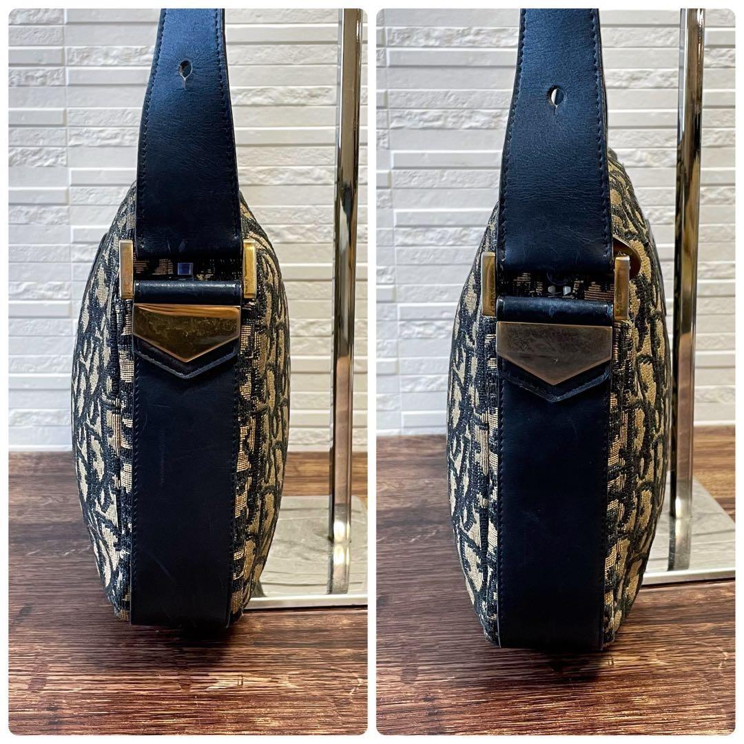 Christian Dior Shoulder Bag Purse Trotter CD Canvas Leather Navy Brown Authentic