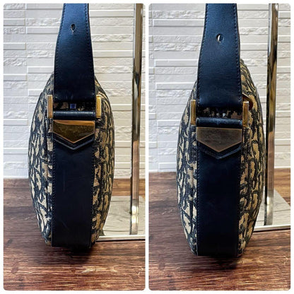 Christian Dior Shoulder Bag Purse Trotter CD Canvas Leather Navy Brown Authentic