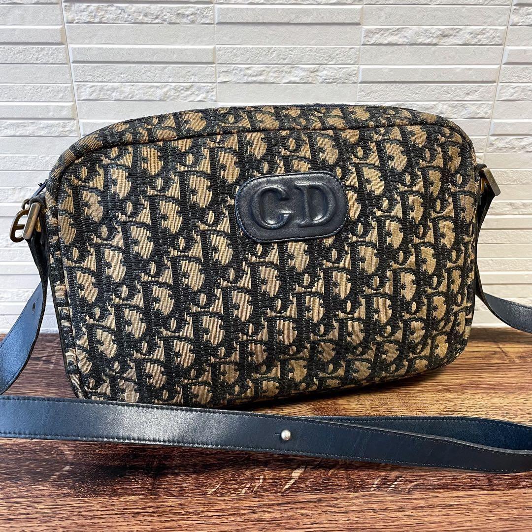 Christian Dior Shoulder Bag Purse Trotter CD Canvas Leather Navy Brown Authentic