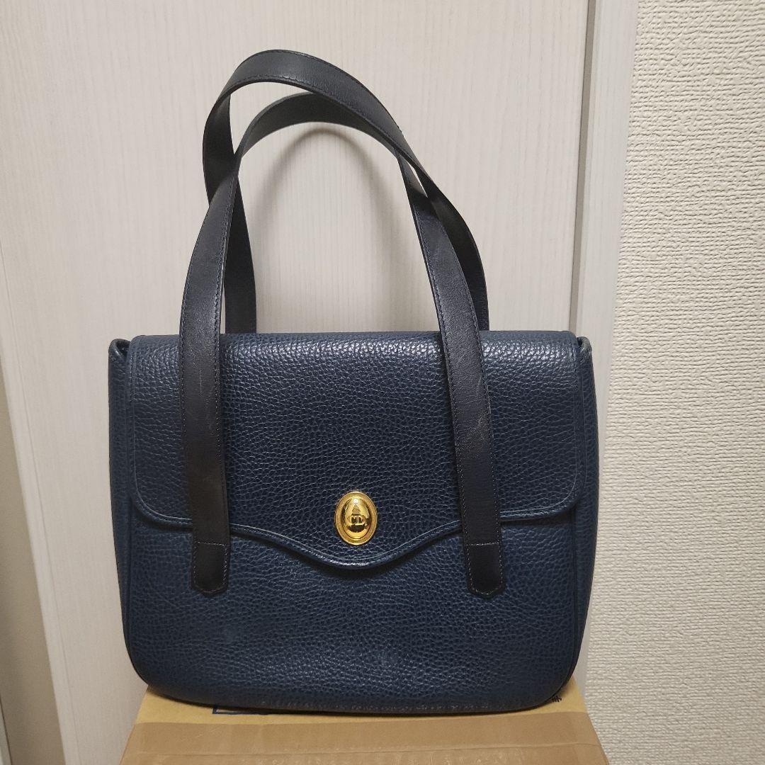 Christian Dior Hand Bag Tote Purse CD Leather Navy Authentic