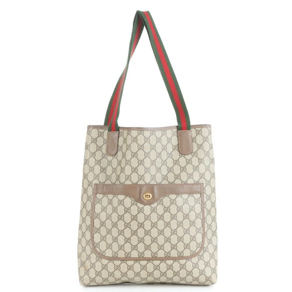 GUCCI Hand Shoulder Bag Tote Purse GG Supreme Coated Canvas Leather Brown Auth