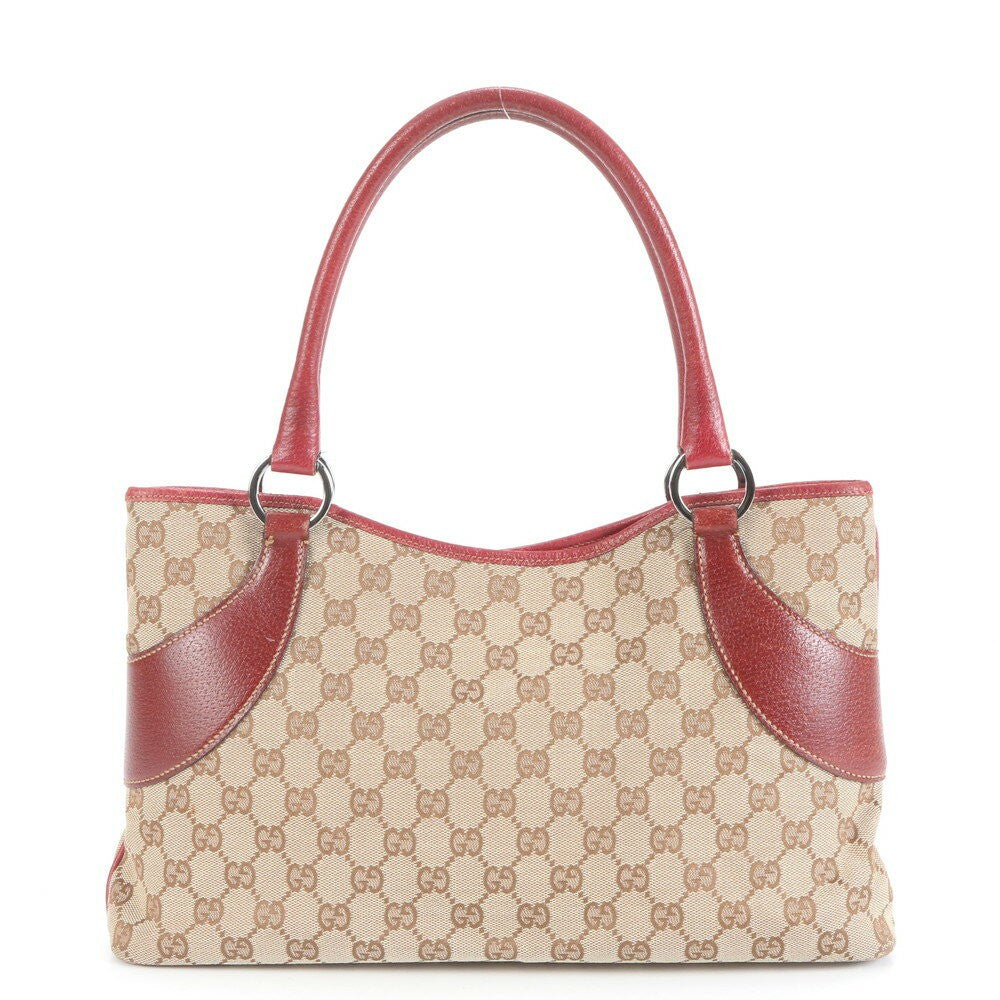 GUCCI Hand Bag Tote Purse GG Canvas Leather Red Brown Authentic