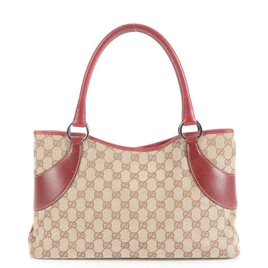 GUCCI Hand Bag Tote Purse GG Canvas Leather Red Brown Authentic