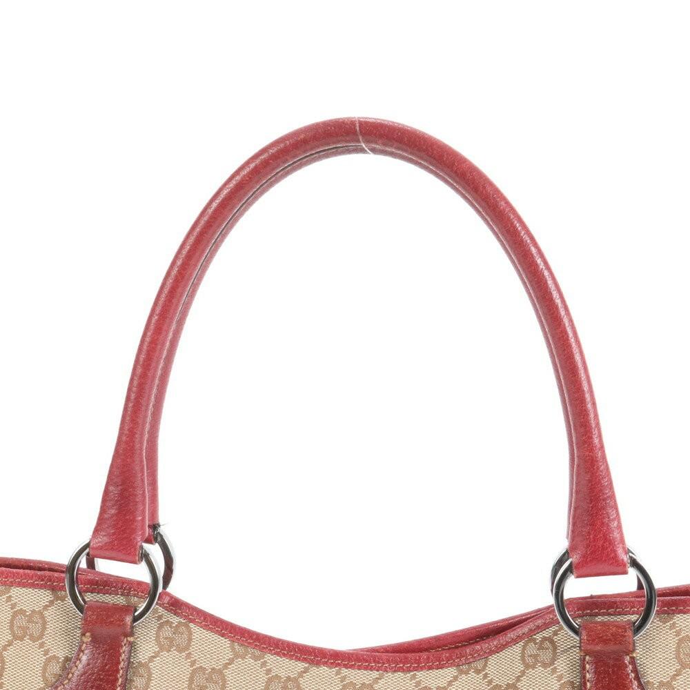 GUCCI Hand Bag Tote Purse GG Canvas Leather Red Brown Authentic