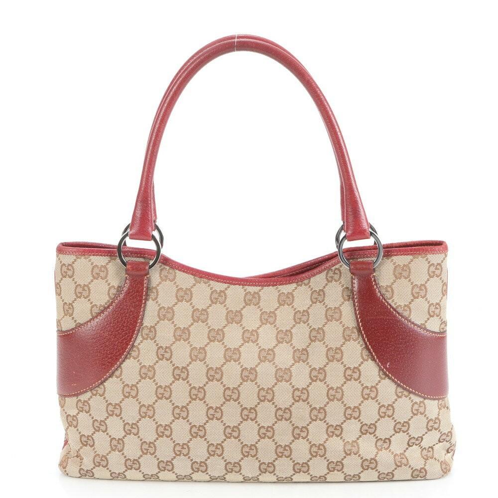 GUCCI Hand Bag Tote Purse GG Canvas Leather Red Brown Authentic