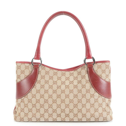GUCCI Hand Bag Tote Purse GG Canvas Leather Red Brown Authentic