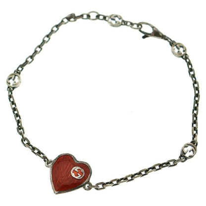 GUCCI Bracelet Bangle Interlocking G Heart Red Silver 925 Women Accessory Auth