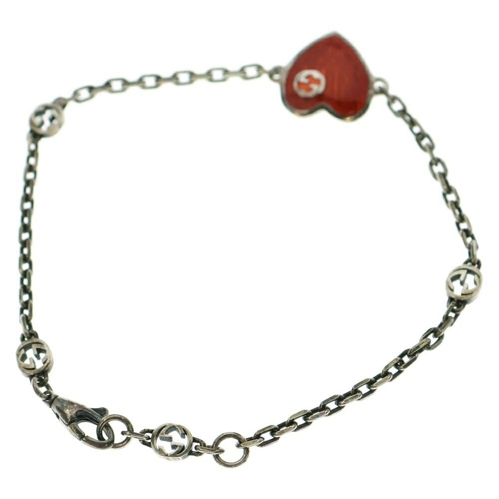 GUCCI Bracelet Bangle Interlocking G Heart Red Silver 925 Women Accessory Auth