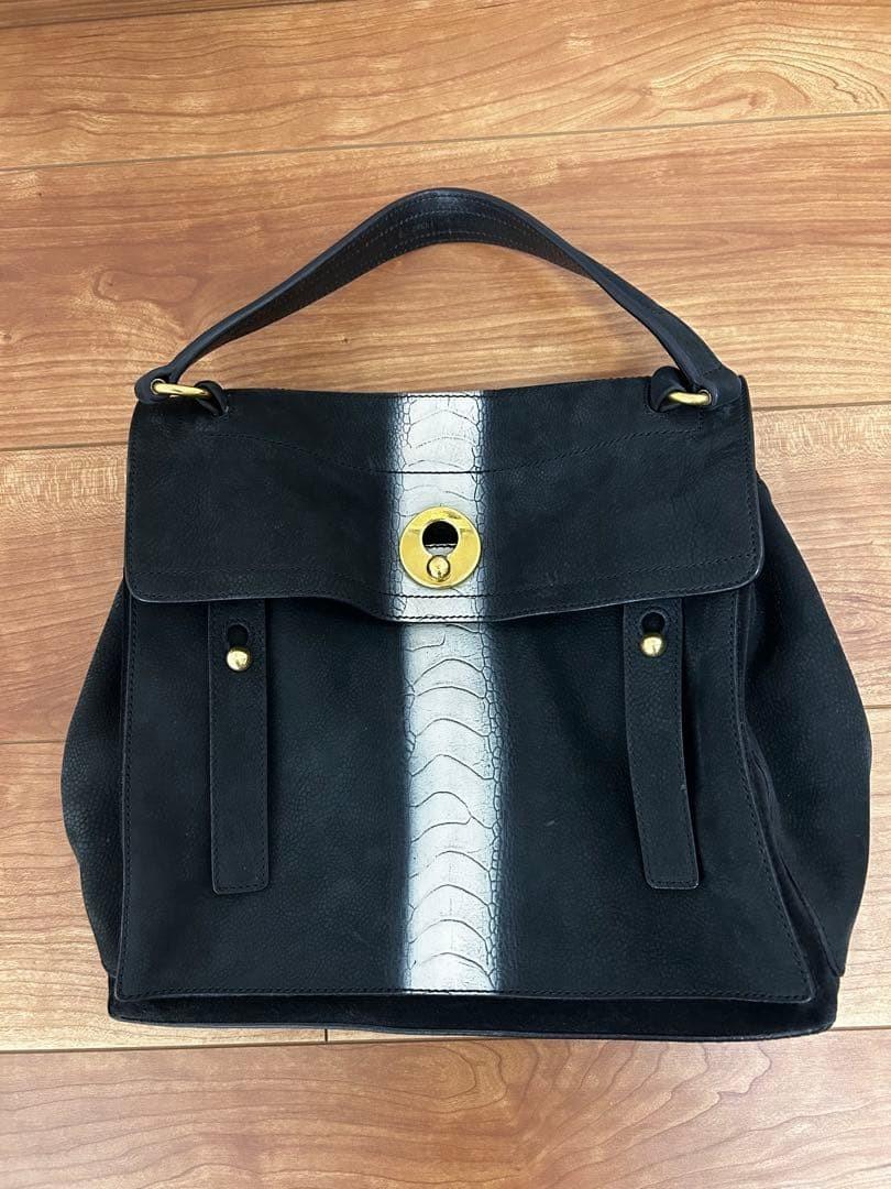 Saint Laurent Hand Bag Tote Purse Muse Toe Suede Leather Black Authentic