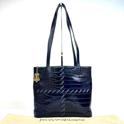 Saint Laurent Hand Shoulder Bag Tote Purse Leather Navy Authentic