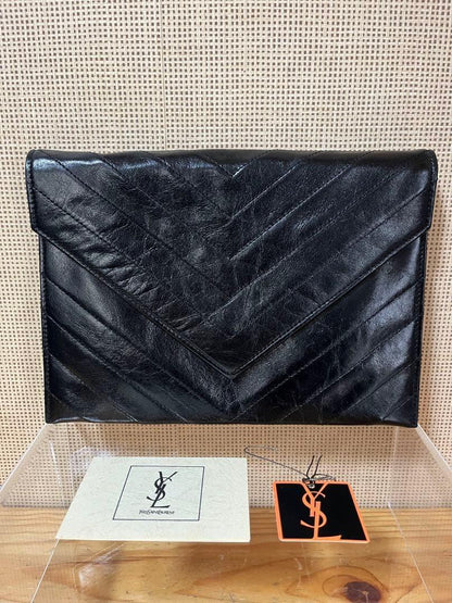 Saint Laurent Clutch Bag Second Bag V stitch Leather Black Authentic
