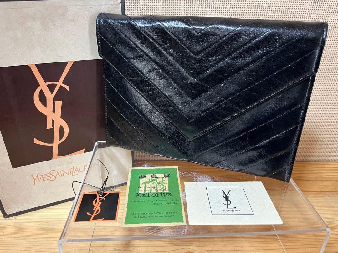 Saint Laurent Clutch Bag Second Bag V stitch Leather Black Authentic