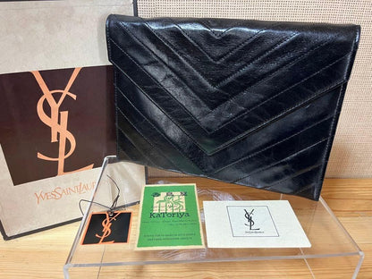 Saint Laurent Clutch Bag Second Bag V stitch Leather Black Authentic