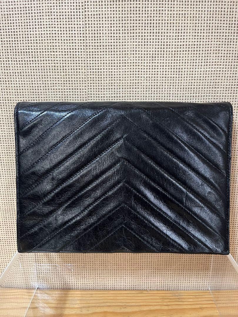 Saint Laurent Clutch Bag Second Bag V stitch Leather Black Authentic