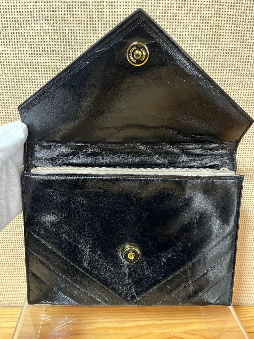Saint Laurent Clutch Bag Second Bag V stitch Leather Black Authentic