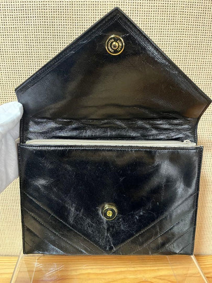 Saint Laurent Clutch Bag Second Bag V stitch Leather Black Authentic