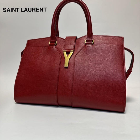 Saint Laurent Hand Bag Tote Purse Y Line Leather Red Authentic