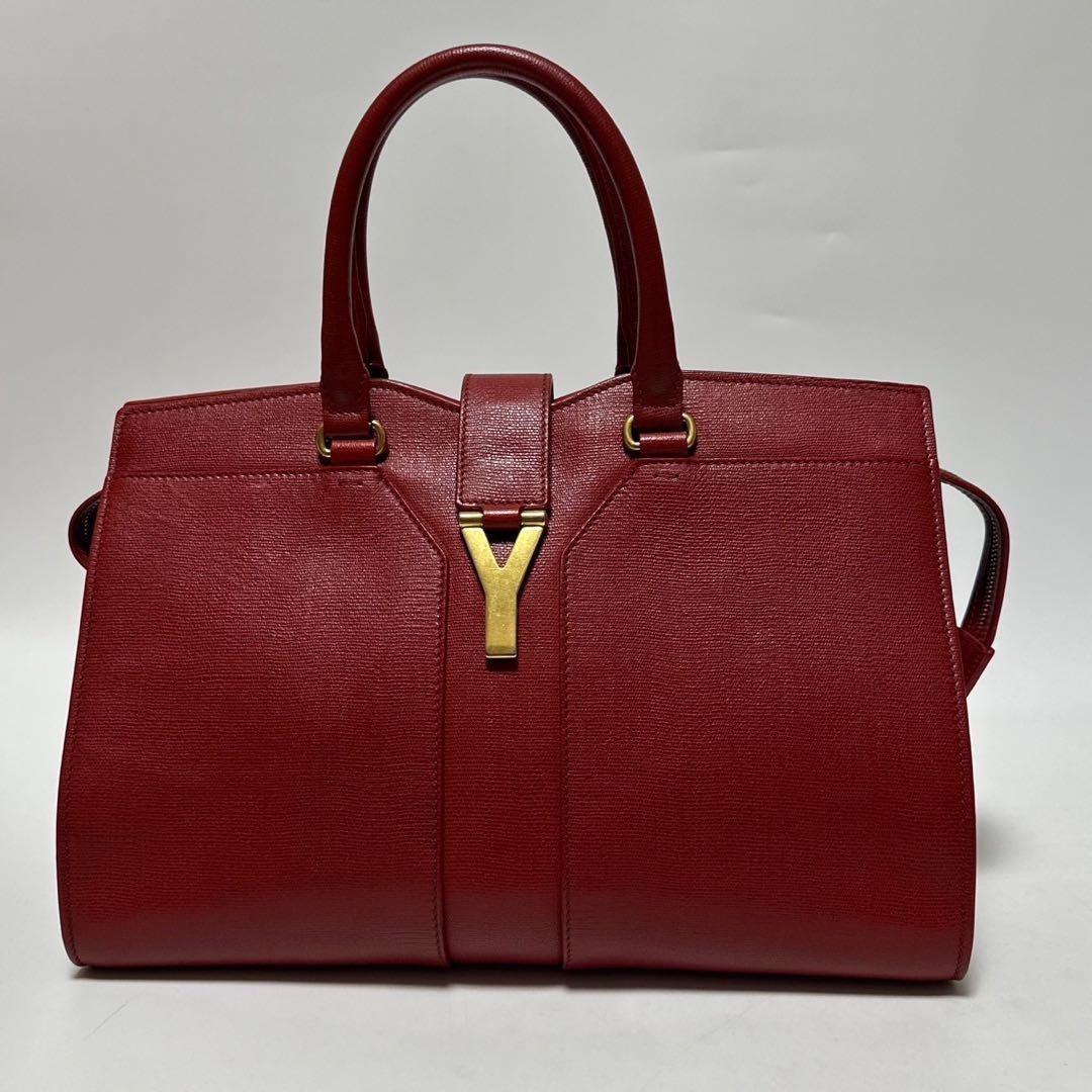 Saint Laurent Hand Bag Tote Purse Y Line Leather Red Authentic