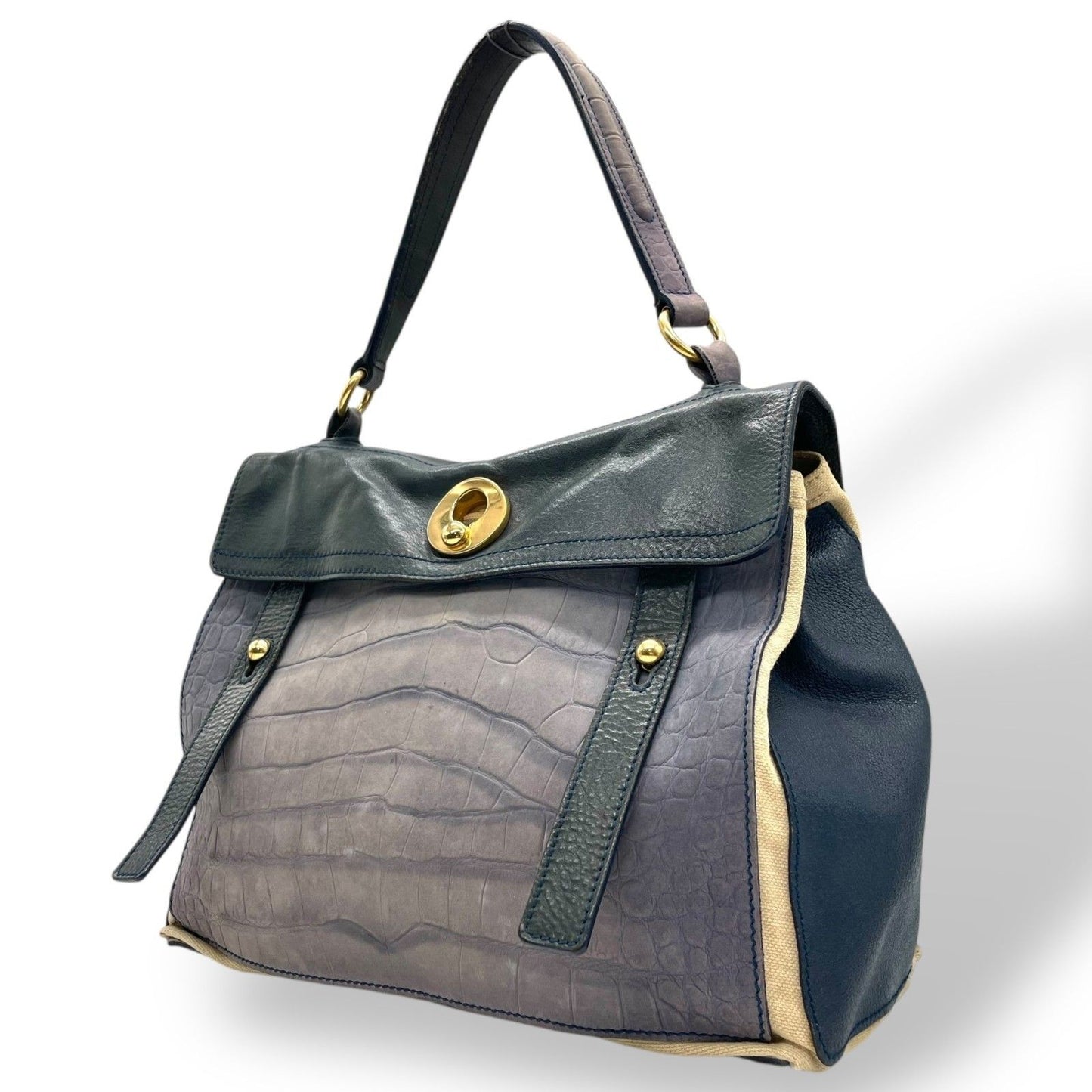 Saint Laurent Hand Bag Tote Purse Muse Toe Canvas Leather Navy Green Authentic